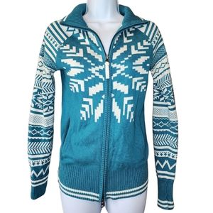 Athleta Vintage Doubleway Zip-Up Teal White Snowflake Sweater